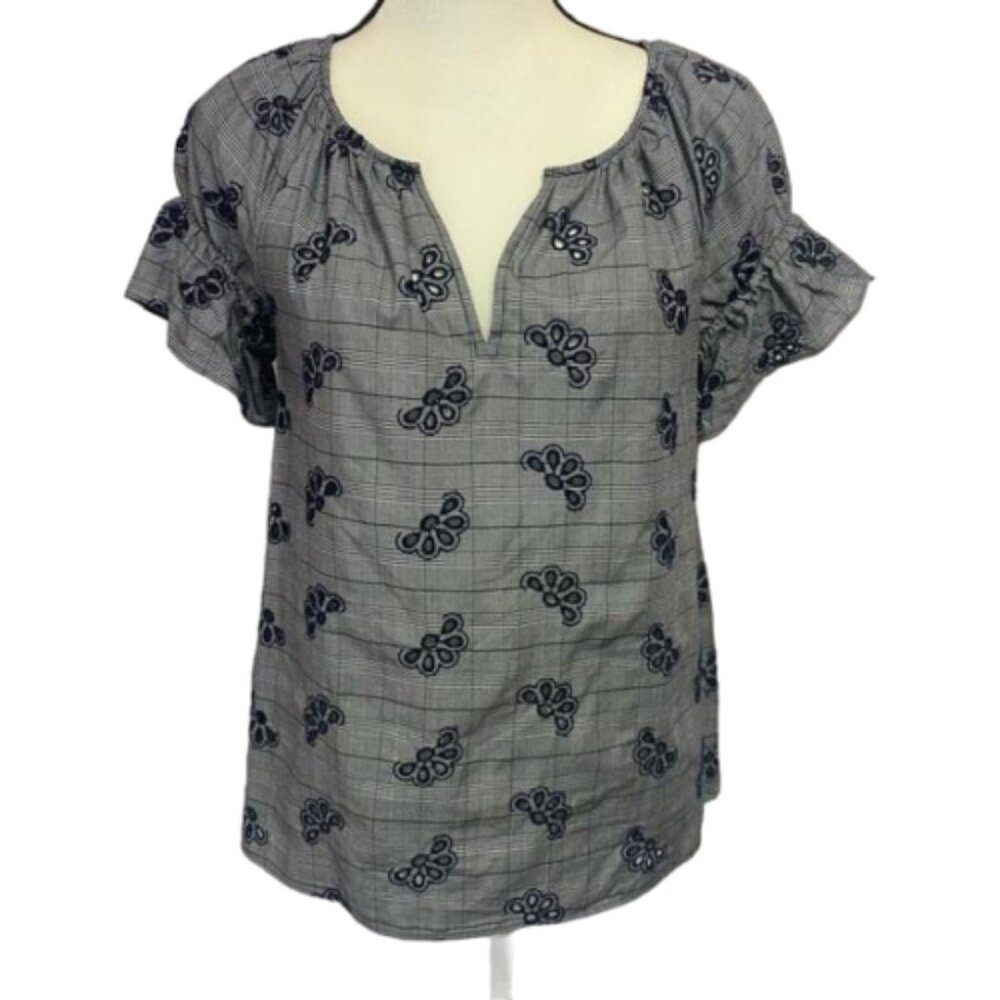 Ann Taylor Black & White V Neck Short Puff Sleeve Cut Out Top Size XS #0819